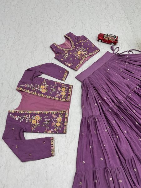 Lavender Chinon 3 Piece Lehenga Set with Designer Jacket and 9-Meter Flair  Designer Lehenga Choli