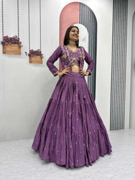 Lavender Chinon 3 Piece Lehenga Set with Designer Jacket and 9-Meter Flair  Designer Lehenga Choli