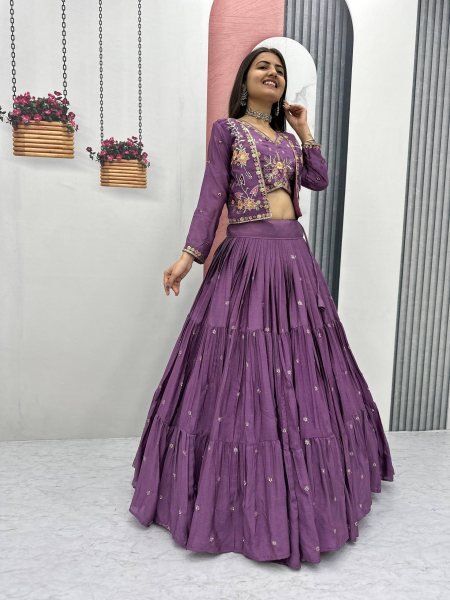 Lavender Chinon 3 Piece Lehenga Set with Designer Jacket and 9-Meter Flair  Designer Lehenga Choli