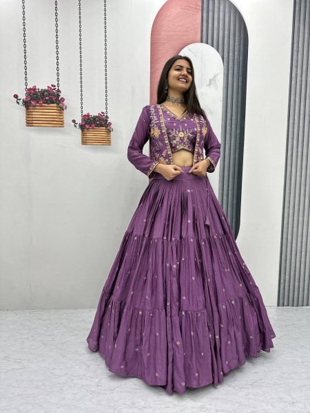 Lavender Chinon 3 Piece Lehenga Set with Designer Jacket and 9-Meter Flair  Designer Lehenga Choli