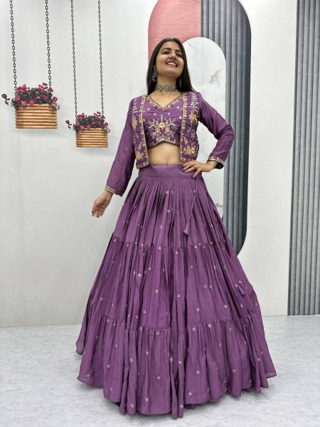 Lavender Chinon 3 Piece Lehenga Set with Designer Jacket and 9-Meter Flair  Designer Lehenga Choli