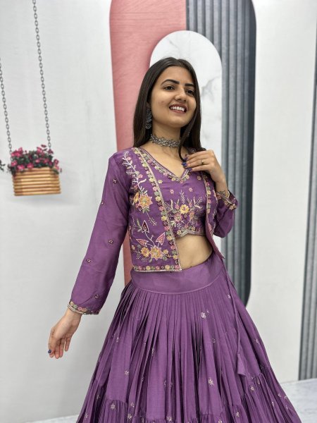 Lavender Chinon 3 Piece Lehenga Set with Designer Jacket and 9-Meter Flair  Designer Lehenga Choli