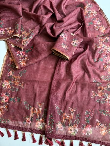 Mauve Designer Cotton Linen Saree with Floral Digital Print For Party Sarees 