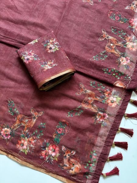 Mauve Designer Cotton Linen Saree with Floral Digital Print For Party Printed Cotton Sarees Wholesale
