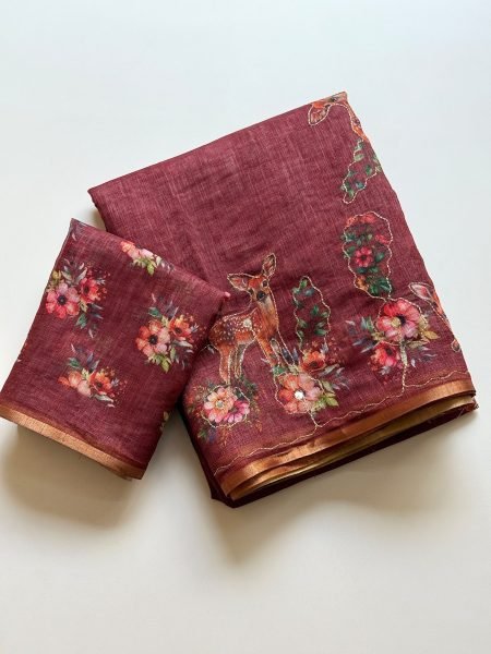 Mauve Designer Cotton Linen Saree with Floral Digital Print For Party Printed Cotton Sarees Wholesale