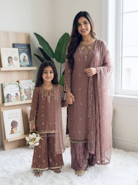 Mauve Mother Daughter Matching Palazzo Suit Set with Embroidery Sequence Work Kurtis