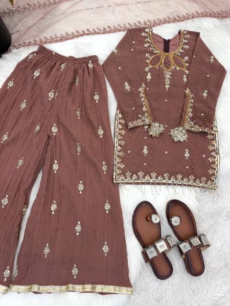 Mauve Mother Daughter Matching Palazzo Suit Set with Embroidery Sequence Work Mom-Doughter Collection