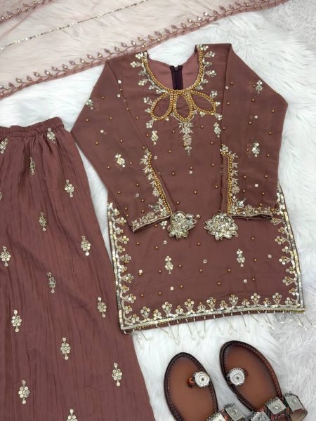 Mauve Mother Daughter Matching Palazzo Suit Set with Embroidery Sequence Work Mom-Doughter Collection