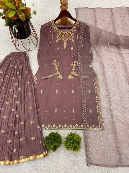 Mauve Mother Daughter Matching Palazzo Suit Set with Embroidery Sequence Work Mom-Doughter Collection