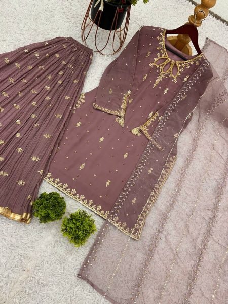 Mauve Mother Daughter Matching Palazzo Suit Set with Embroidery Sequence Work Mom-Doughter Collection