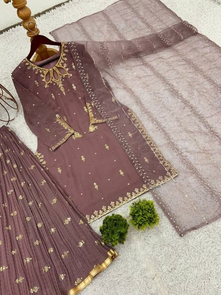 Mauve Mother Daughter Matching Palazzo Suit Set with Embroidery Sequence Work Mom-Doughter Collection