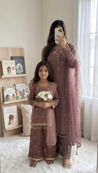 Mauve Mother Daughter Matching Palazzo Suit Set with Embroidery Sequence Work Mom-Doughter Collection