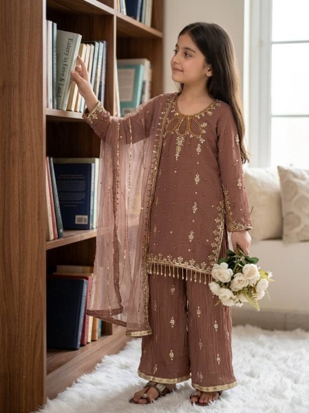 Mauve Mother Daughter Matching Palazzo Suit Set with Embroidery Sequence Work Mom-Doughter Collection