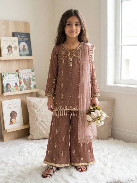 Mauve Mother Daughter Matching Palazzo Suit Set with Embroidery Sequence Work Mom-Doughter Collection