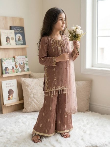Mauve Mother Daughter Matching Palazzo Suit Set with Embroidery Sequence Work Mom-Doughter Collection