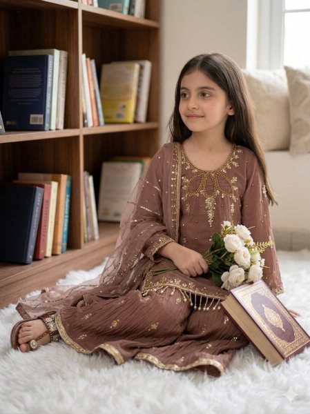 Mauve Mother Daughter Matching Palazzo Suit Set with Embroidery Sequence Work Mom-Doughter Collection