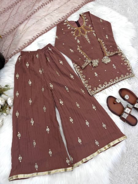 Mauve Mother Daughter Matching Palazzo Suit Set with Embroidery Sequence Work Mom-Doughter Collection