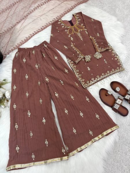 Mauve Mother Daughter Matching Palazzo Suit Set with Embroidery Sequence Work Mom-Doughter Collection