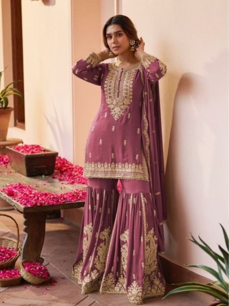 Mauve Pink Chinon Silk Sharara Suit From Gulkayra Designer Purva Collection Salwar Kameez