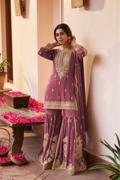 Mauve Pink Chinon Silk Sharara Suit From Gulkayra Designer Purva Collection Designer Plazzo Salwar Suits Wholesale