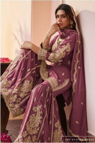 Mauve Pink Chinon Silk Sharara Suit From Gulkayra Designer Purva Collection Designer Plazzo Salwar Suits Wholesale
