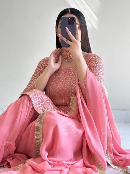 Mauve-Pink Fox Georgette Suit with Flared Palazzo and Dupatta for Party Wear Ready To Wear Collection