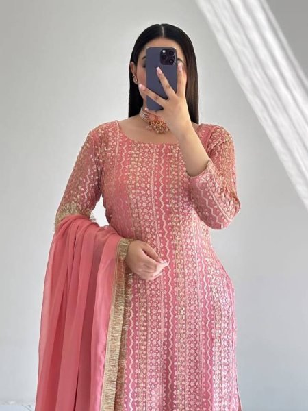 Mauve-Pink Fox Georgette Suit with Flared Palazzo and Dupatta for Party Wear Ready To Wear Collection