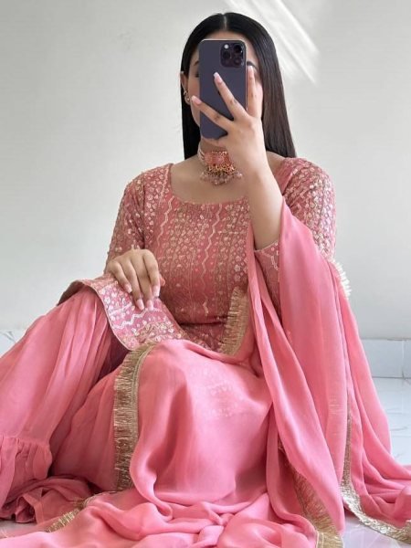 Mauve-Pink Fox Georgette Suit with Flared Palazzo and Dupatta for Party Wear Ready To Wear Collection