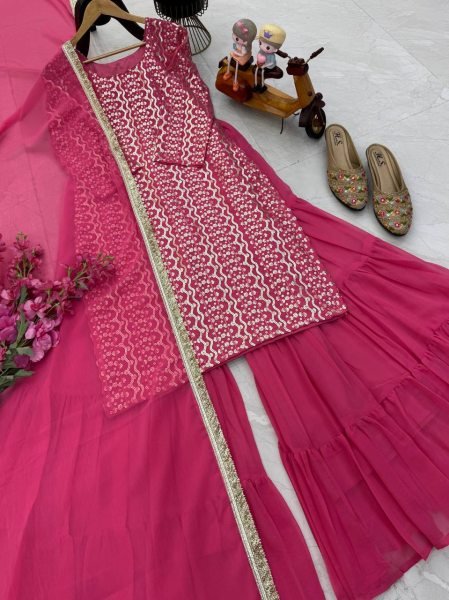 Mauve-Pink Fox Georgette Suit with Flared Palazzo and Dupatta for Party Wear Ready To Wear Collection