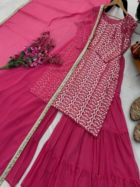 Mauve-Pink Fox Georgette Suit with Flared Palazzo and Dupatta for Party Wear Ready To Wear Collection