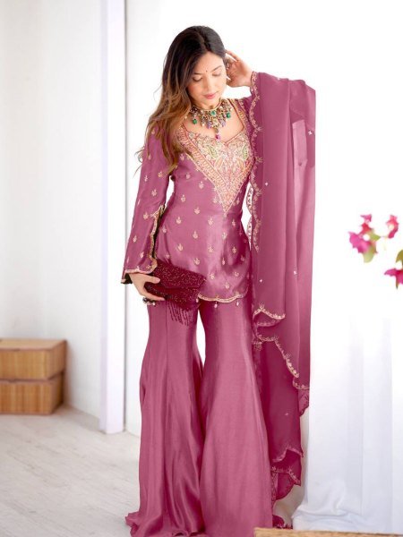 Mauve Simar Silk Embroidery Palazzo Suit with Dupatta Ready to Wear 3pc Set 
