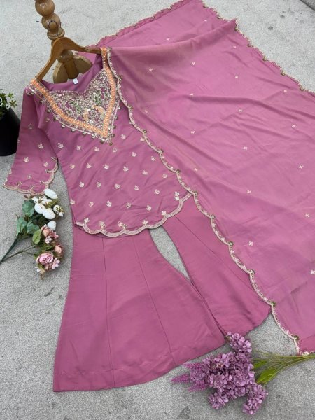 Mauve Simar Silk Embroidery Palazzo Suit with Dupatta Ready to Wear 3pc Set Ready To Wear Collection