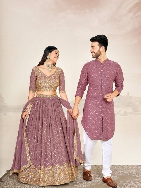 Mauve Soft Georgette Embroidered Wedding Wear Couple Wear Set Mens Wear