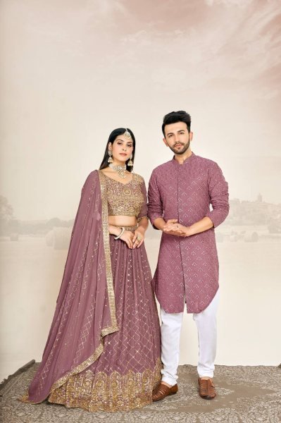 Mauve Soft Georgette Embroidered Wedding Wear Couple Wear Set Couple Combo collection 