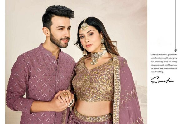 Mauve Soft Georgette Embroidered Wedding Wear Couple Wear Set Couple Combo collection 
