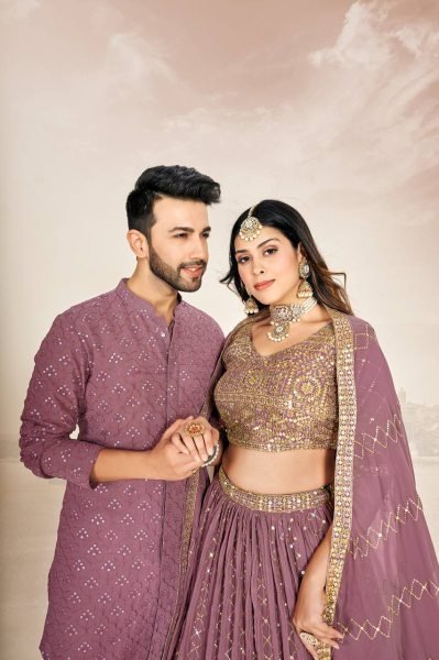 Mauve Soft Georgette Embroidered Wedding Wear Couple Wear Set Couple Combo collection 