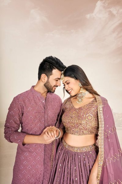 Mauve Soft Georgette Embroidered Wedding Wear Couple Wear Set Couple Combo collection 