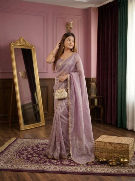 Mauve Tissue Silk Pre Stitched Saree With Gold Lace Border And Matching Blouse 