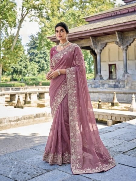 Mauve Wedding Special Pure Gabana Silk Saree with Heavy Embroidered Blouse at Reseller Sarees 