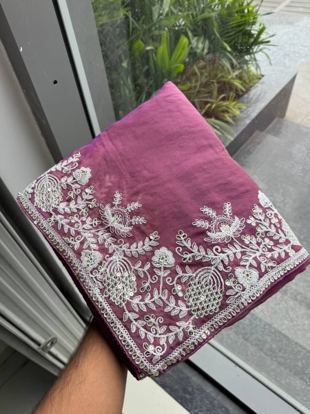 Mauve Wedding Special Pure Gabana Silk Saree with Heavy Embroidered Blouse at Reseller Silk Sarees Wholesale