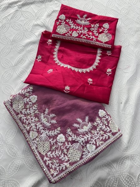 Mauve Wedding Special Pure Gabana Silk Saree with Heavy Embroidered Blouse at Reseller Silk Sarees Wholesale