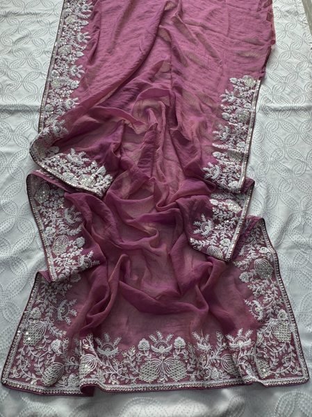 Mauve Wedding Special Pure Gabana Silk Saree with Heavy Embroidered Blouse at Reseller Silk Sarees Wholesale
