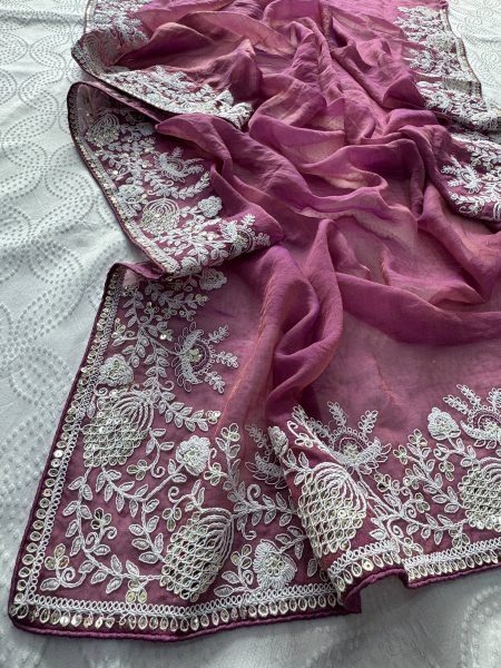 Mauve Wedding Special Pure Gabana Silk Saree with Heavy Embroidered Blouse at Reseller Silk Sarees Wholesale