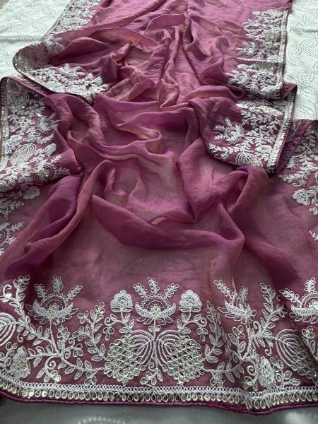 Mauve Wedding Special Pure Gabana Silk Saree with Heavy Embroidered Blouse at Reseller Silk Sarees Wholesale