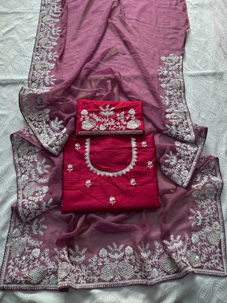 Mauve Wedding Special Pure Gabana Silk Saree with Heavy Embroidered Blouse at Reseller Silk Sarees Wholesale