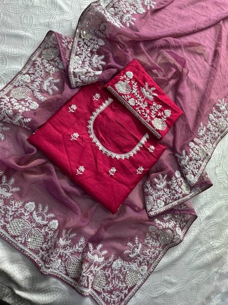 Mauve Wedding Special Pure Gabana Silk Saree with Heavy Embroidered Blouse at Reseller Silk Sarees Wholesale
