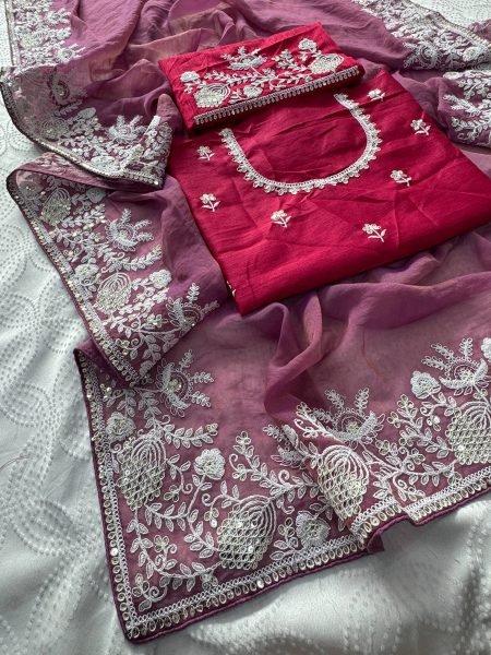 Mauve Wedding Special Pure Gabana Silk Saree with Heavy Embroidered Blouse at Reseller Silk Sarees Wholesale