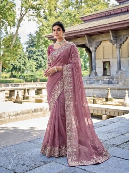 Mauve Wedding Special Pure Gabana Silk Saree with Heavy Embroidered Blouse at Reseller Silk Sarees Wholesale