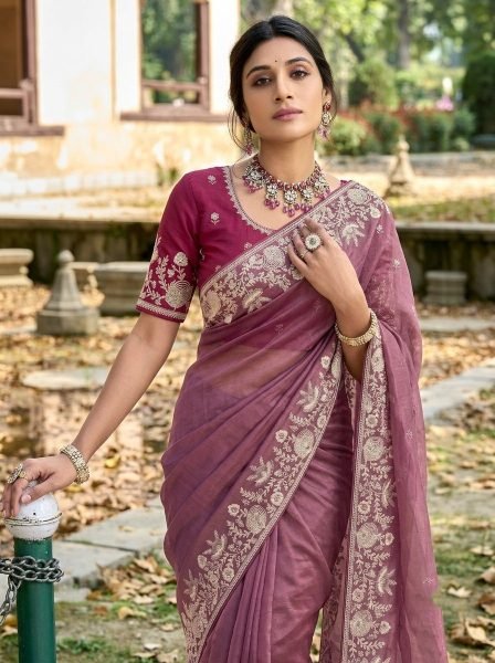 Mauve Wedding Special Pure Gabana Silk Saree with Heavy Embroidered Blouse at Reseller Silk Sarees Wholesale