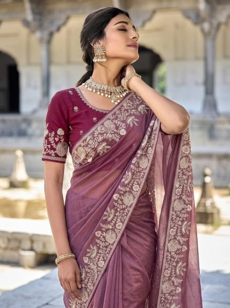 Mauve Wedding Special Pure Gabana Silk Saree with Heavy Embroidered Blouse at Reseller Silk Sarees Wholesale